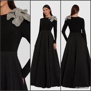 Mac Duggal 11832 Black Long Sleeve Taffeta 3D Flower Ball Gown Dress